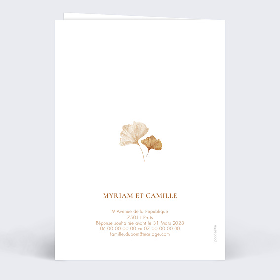 Faire part mariage Initiales Ginkgo Verso