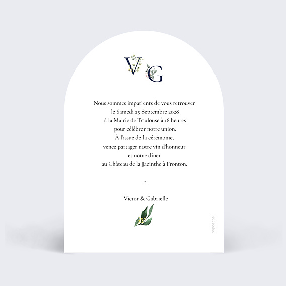 Faire part mariage Lettrines Botaniques Verso