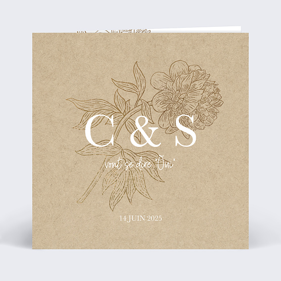 Faire part mariage Initiales Fleuries avec graines Recto