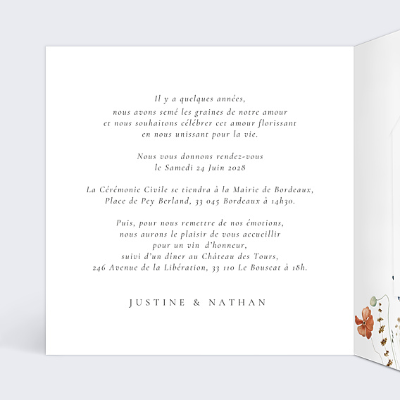 Faire-part Mariage Fleurs des champs avec graines