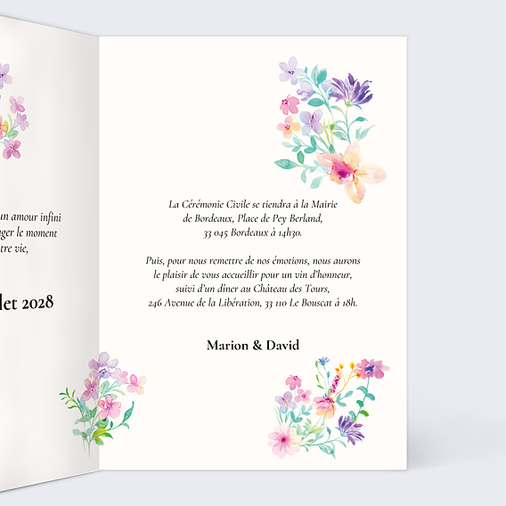 Faire part mariage Petites Fleurs Colorées Intérieur Droit