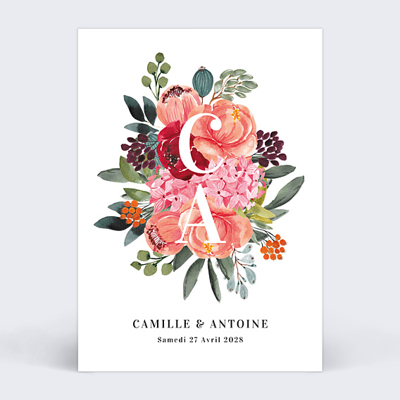 Faire-part Mariage Initiales et profusion de fleurs