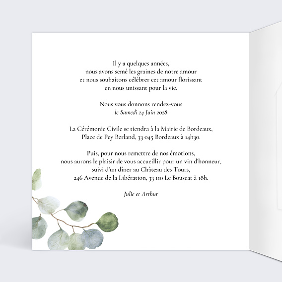 Faire-part Mariage Couronne Eucalyptus avec Graines