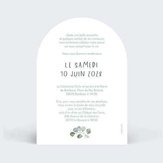 Faire-part Mariage Portrait en aquarelle avec couronne eucalyptus