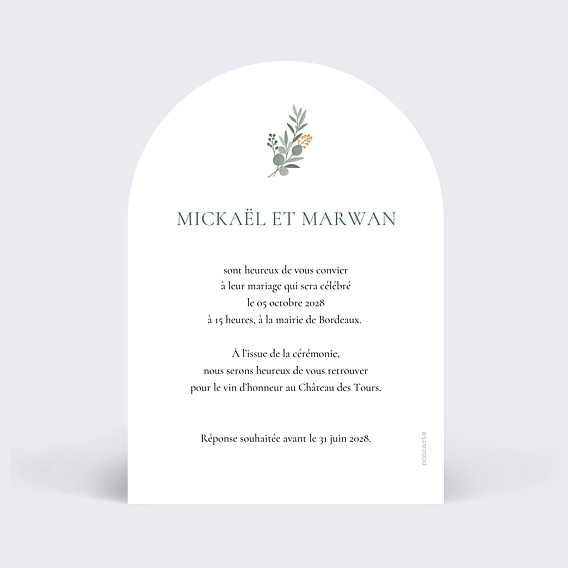 Faire-part Mariage Portrait minimaliste avec couronne eucalyptus