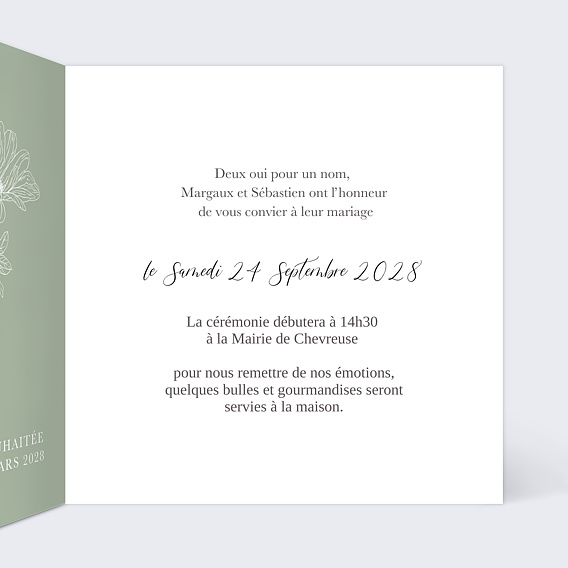 Faire part mariage Gravure Vert Sauge Intérieur Droit
