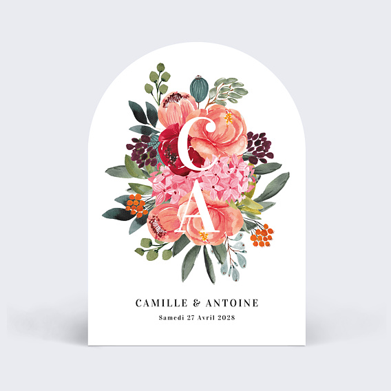 Faire part mariage Initiales et profusion de fleurs