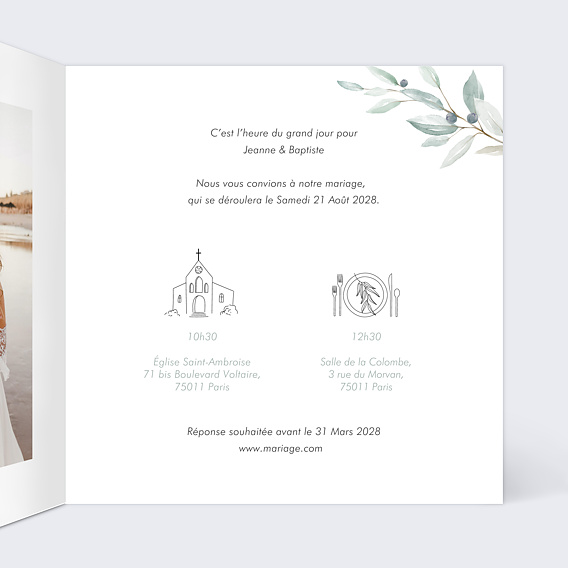 Faire part mariage Couronne d'Oliviers Intérieur Droit