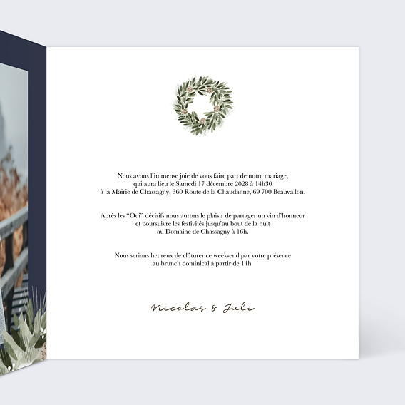 Faire part mariage Couronne Pomme de Pin Intérieur Droit