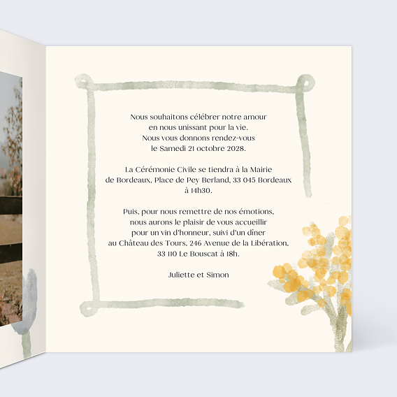 Faire part mariage Aquarelle printanière Intérieur Droit