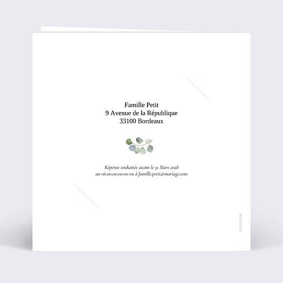 Faire part mariage Couronne Eucalyptus avec Graines Verso