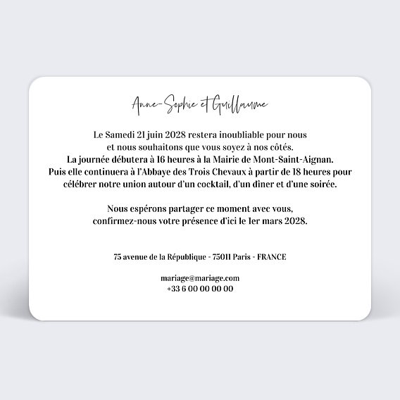 Faire part mariage Charme Classique Verso