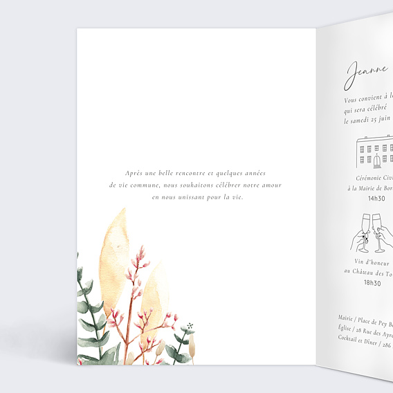 Faire part mariage Murmure Délicat Intérieur Gauche