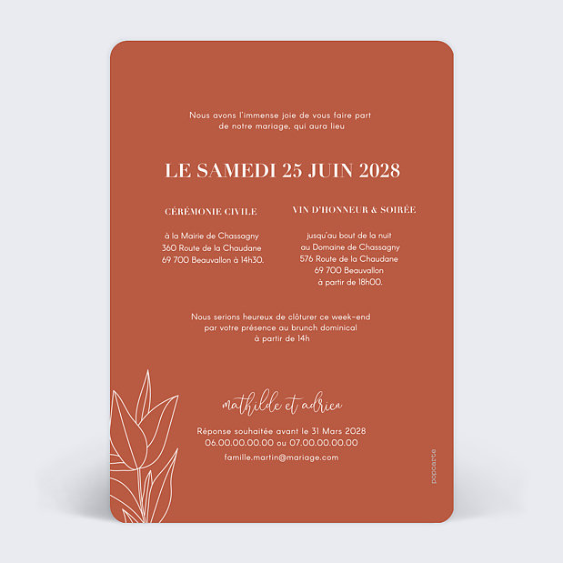 Faire-part Mariage Terracotta Flowers Verso
