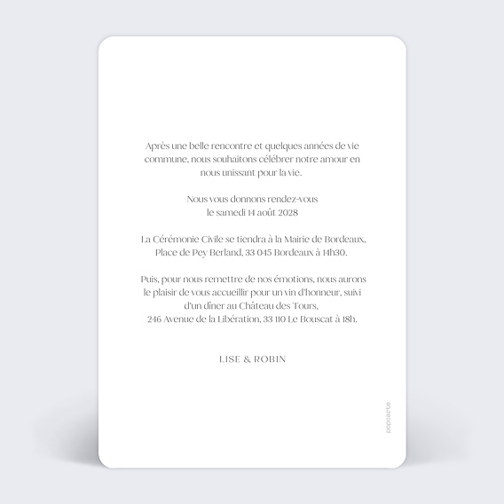 Faire part mariage Date Verticale Verso