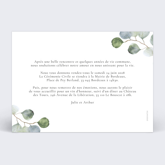 Faire part mariage Branche d'eucalyptus Verso