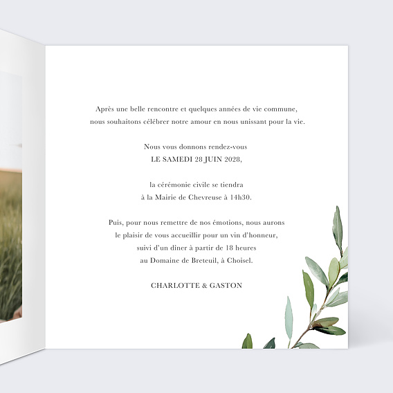 Faire part mariage Aquarelle Végétale Intérieur Droit