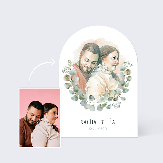 Faire-part Mariage Portrait en aquarelle avec couronne eucalyptus