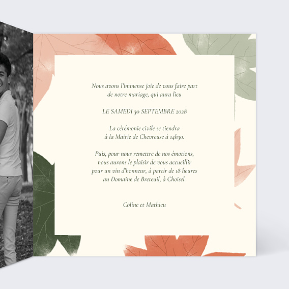 Faire part mariage Feuilles d’Automne Intérieur Droit