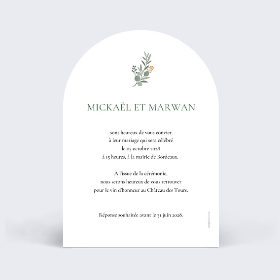 Faire-part Mariage Portrait minimaliste avec couronne eucalyptus