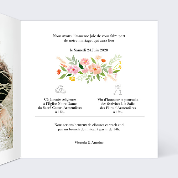 Faire part mariage Bouquet Champêtre Aquarelle Intérieur Droit