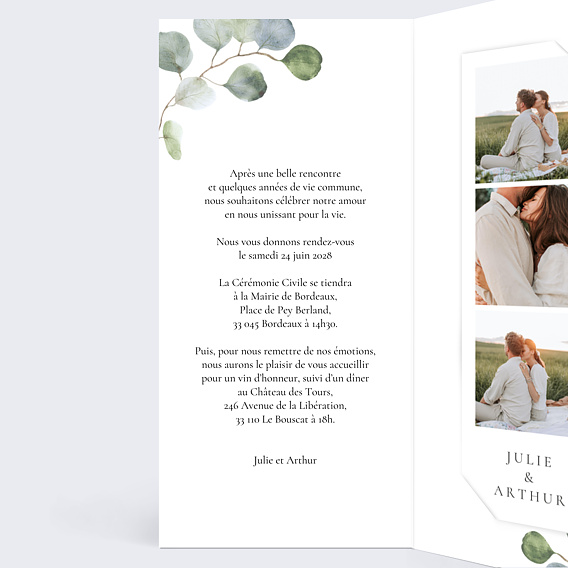 Faire part mariage Cadre Ocre Eucalyptus Intérieur Gauche