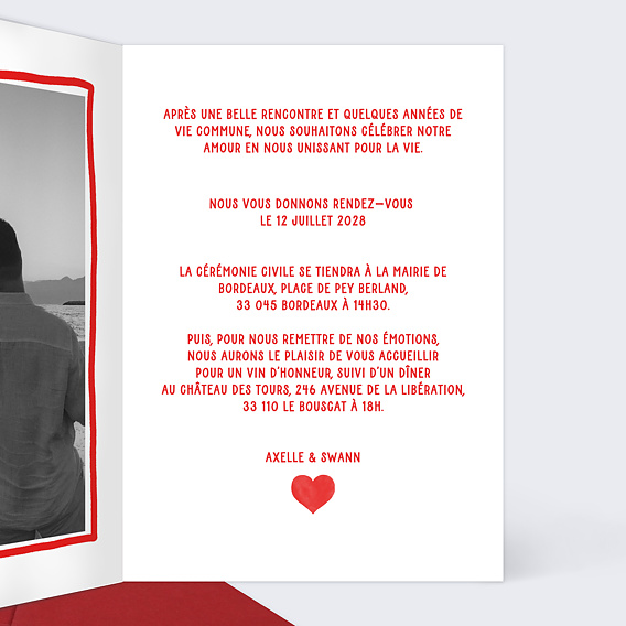 Faire part mariage Cœur Simple Intérieur Droit