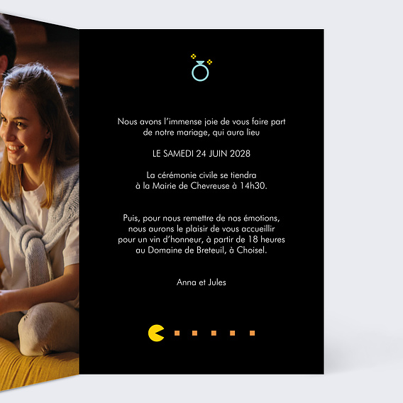 Faire part mariage Couple Pacman Intérieur Droit