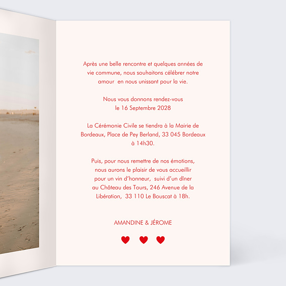 Faire part mariage Motif Coeurs Intérieur Droit