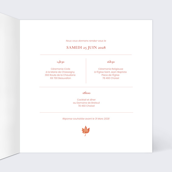 Faire part mariage Couronne Automnale Intérieur Droit