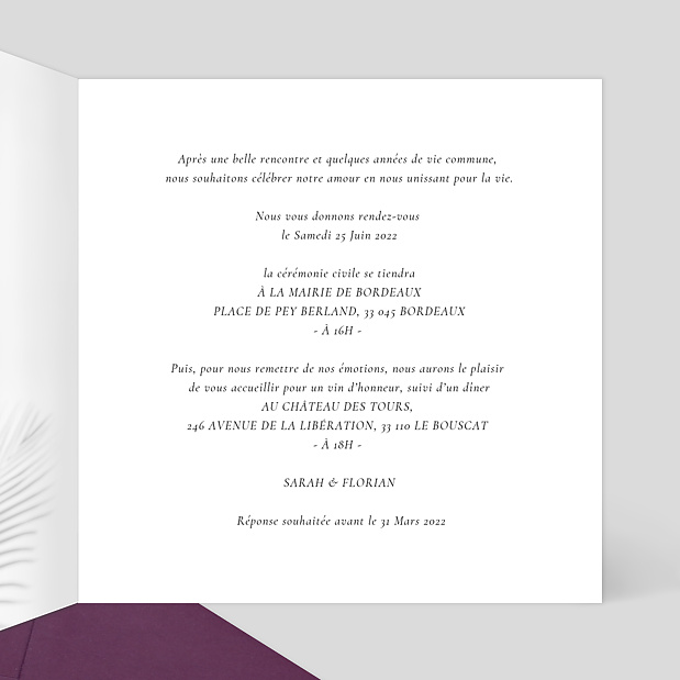 Faire-part Mariage Lune de Miel Intérieur Droit