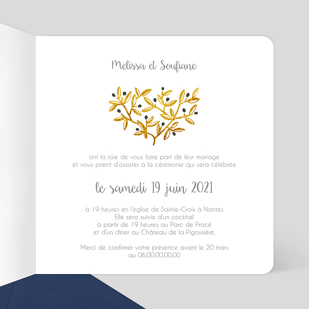 Faire-part Mariage Branches d'Olivier Intérieur Droit
