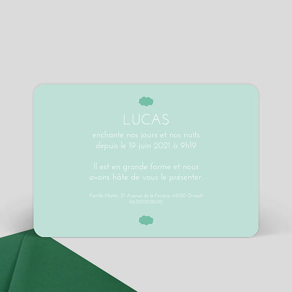 Faire part naissance Nuage vert Verso