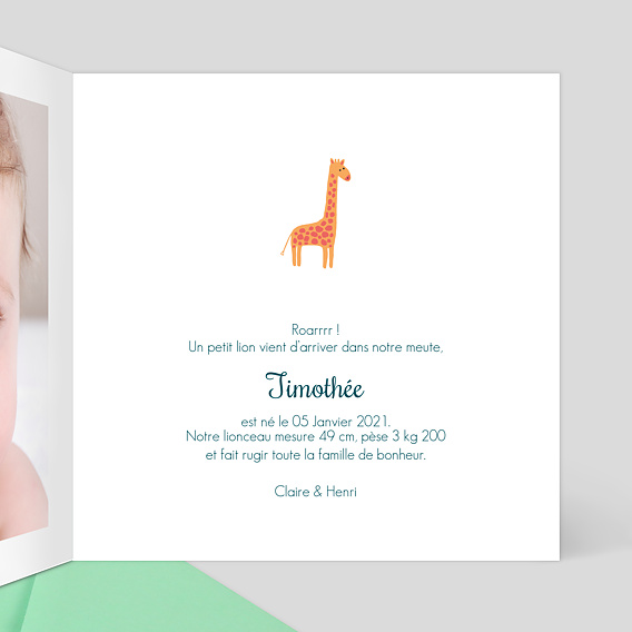Faire part naissance Animaux de la Jungle Intérieur Droit