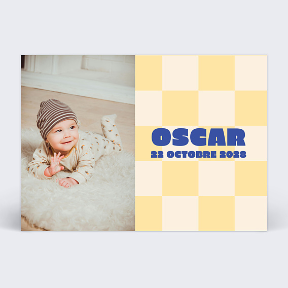 Faire-part Naissance Bébé damier jaune beurre photo