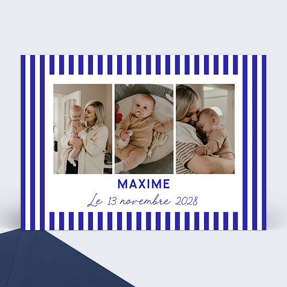 Faire part naissance Douce rayure bleue