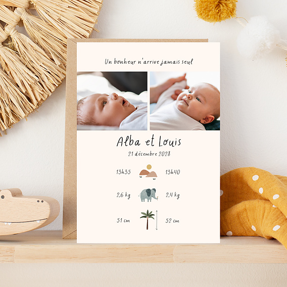 Faire part naissance Jumeaux Jungle