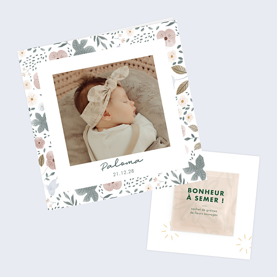 Faire part naissance Magnolia Polaroid Graines