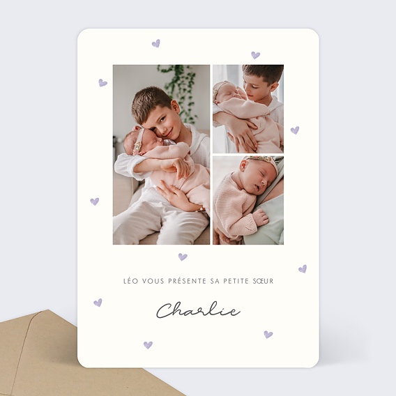 Faire part Naissance Motif Coeur Lilas