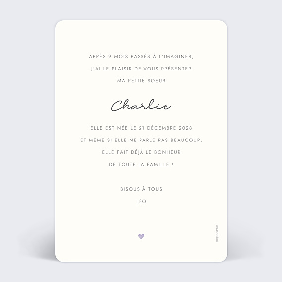 Faire-part Naissance Motif Coeur Lilas