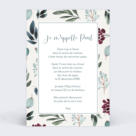 Faire part naissance Carte Fleurie Verso
