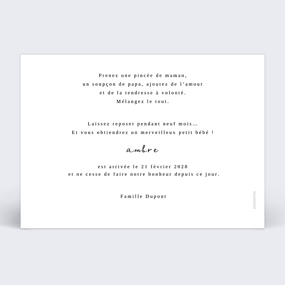 Faire part naissance Certificat Moderne Verso