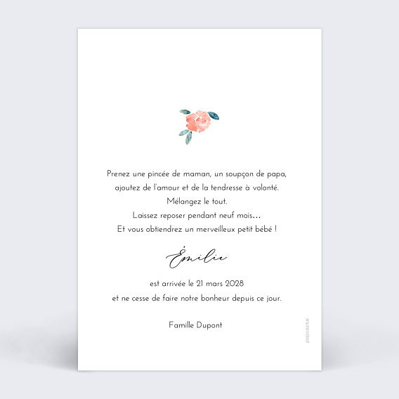Faire part naissance Envolée Florale Verso