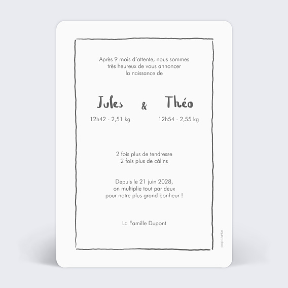 Faire part naissance Jumeaux modernes Verso