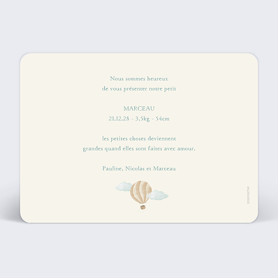 Faire part naissance Montgolfière Vintage Verso