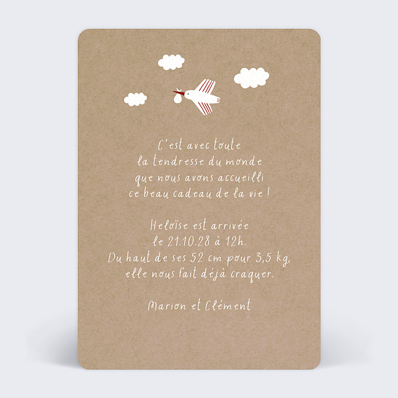 Faire part naissance Motif Cigogne Verso