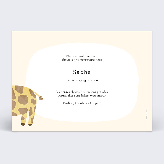 Faire part naissance Petite Girafe Verso