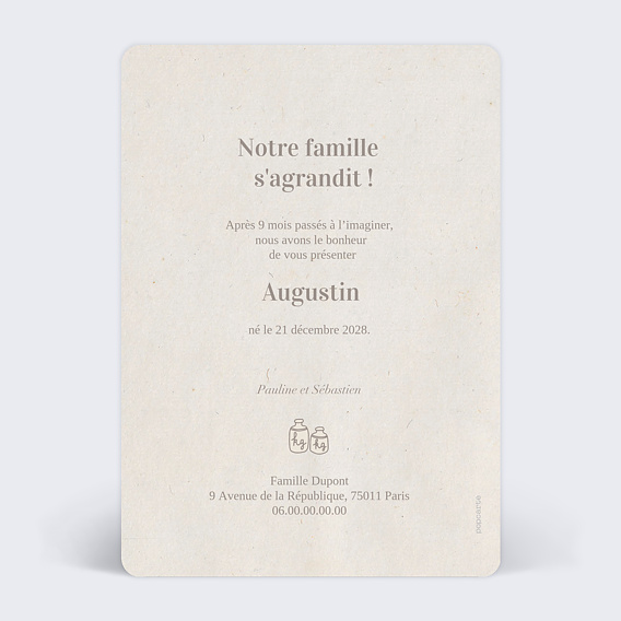 Faire part naissance Pictos Douceur de Lin Verso