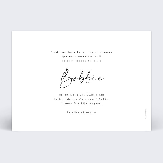 Faire part naissance Tampon Calligraphie Verso