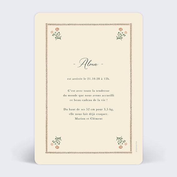 Faire part naissance Tapisserie d'antan Verso